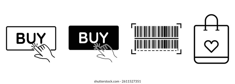 Online shopping icon set. Two different type buy button, QR scanner, bag sign black and line symbol vector illustration.