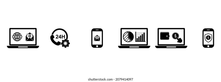 conjunto de iconos de compras en línea, símbolo de signo del conjunto de vectores de compras