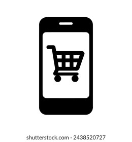 Online shopping icon. Simple black mobile phone with a shopping cart icon on the screen. Concept of mobile commerce and online shopping apps