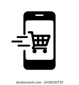 Icono de compras en línea. Simple teléfono móvil negro con un icono de carrito de la compra en la pantalla. Concepto de comercio móvil y aplicaciones de compras en línea