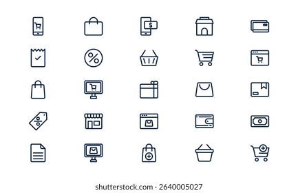 Online shopping icon symbolizing digital purchase, ecommerce activity, and mobile transaction in outline style