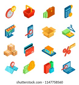 Online shopping icon vector e-commerce technology with digital payment in internet shop and pos terminal for credit card in store illustration set of ecommerce isometric isolated on white background