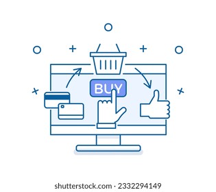 Online shopping icon. Vector illustration for online marketing and sales. Hand clicking on buy button. Credit card buying basket of online goods