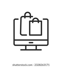 Online Shopping Icon. Vector Linear Editable Illustration of a Monitor Screen with Shopping Bags, Symbolizing E-commerce and Internet Retail