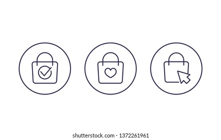 online shopping icons with bag, line vector