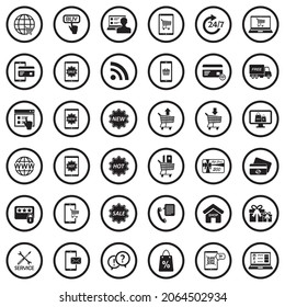 Online Shopping Icons. Black Flat Design In Circle. Vector Illustration.