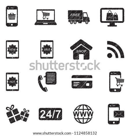 Online Shopping Icons. Black Scribble Design. Vector Illustration.