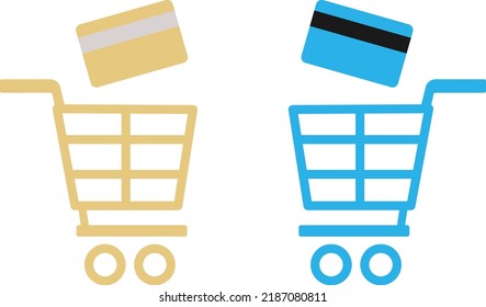 Online shopping icons. Shopping cart, credit, debit card. Isolated on white background. Vector illustration.