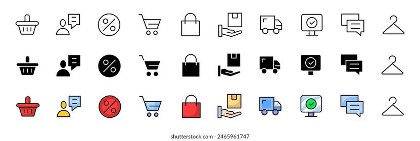 Online shopping icons collection. Shop buttons. Linear, silhouette and flat style. Vector icons