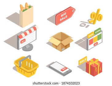 Online shopping icons. Shopping for e-commerce contests. 3d isometric online store, infographics icon set. Shopping icons for store or supermarket. Vector illustration