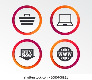 Online shopping icons. Notebook pc, shopping cart, buy now arrow and internet signs. WWW globe symbol. Infographic design buttons. Circle templates. Vector