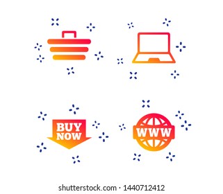 Online shopping icons. Notebook pc, shopping cart, buy now arrow and internet signs. WWW globe symbol. Random dynamic shapes. Gradient shopping icon. Vector