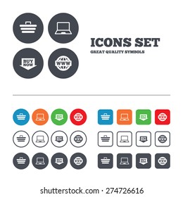 Online shopping icons. Notebook pc, shopping cart, buy now arrow and internet signs. WWW globe symbol. Web buttons set. Circles and squares templates. Vector