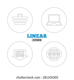Online shopping icons. Notebook pc, shopping cart, buy now arrow and internet signs. WWW globe symbol. Linear outline web icons. Vector