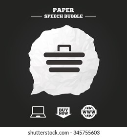 Online shopping icons. Notebook pc, shopping cart, buy now arrow and internet signs. WWW globe symbol. Paper speech bubble with icon.