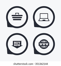 Online shopping icons. Notebook pc, shopping cart, buy now arrow and internet signs. WWW globe symbol. Flat icon pointers.