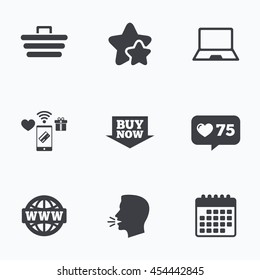 Online shopping icons. Notebook pc, shopping cart, buy now arrow and internet signs. WWW globe symbol. Flat talking head, calendar icons. Stars, like counter icons. Vector