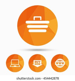 Online shopping icons. Notebook pc, shopping cart, buy now arrow and internet signs. WWW globe symbol. Triangular low poly buttons with shadow. Vector