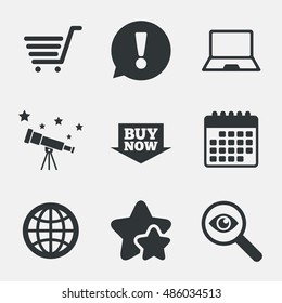 Online shopping icons. Notebook pc, shopping cart, buy now arrow and internet signs. WWW globe symbol. Attention, investigate and stars icons. Telescope and calendar signs. Vector