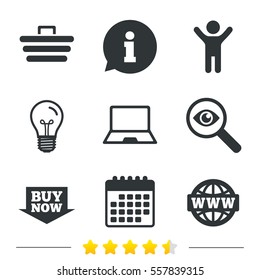 Online shopping icons. Notebook pc, shopping cart, buy now arrow and internet signs. WWW globe symbol. Information, light bulb and calendar icons. Investigate magnifier. Vector
