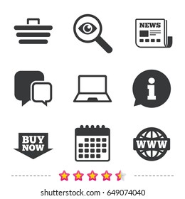 Online shopping icons. Notebook pc, shopping cart, buy now arrow and internet signs. WWW globe symbol. Newspaper, information and calendar icons. Investigate magnifier, chat symbol. Vector