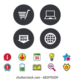 Online shopping icons. Notebook pc, shopping cart, buy now arrow and internet signs. WWW globe symbol. Calendar, Information and Download signs. Stars, Award and Book icons. Vector