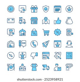 Iconos de compras en línea. Símbolos de contorno. Conjunto de iconos de línea azul de Vector