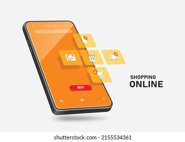 Online shopping icons pop up on smartphone screen for making advertisements on online shopping application platforms,vector 3d isolated on white background for promotion sale design