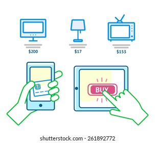 Online shopping icons. Proccesing of online shopping. Vector line infographic