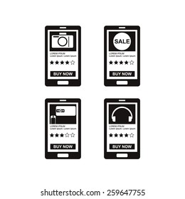 Online shopping icons. Products with rating and buy now button on a smart phone screen 