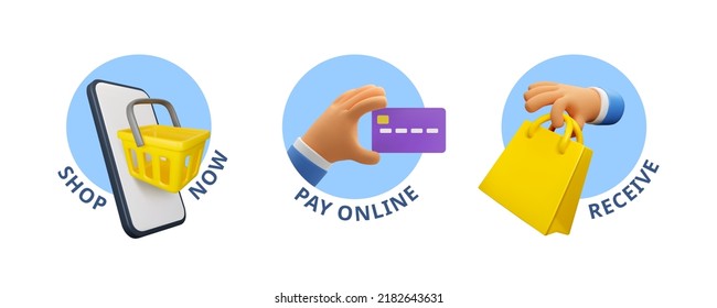 Online shopping icons set. 3d internet payment illustration. Vector render elements isolated on white background