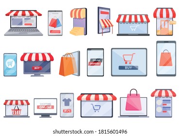 Online shopping icons set. Cartoon set of online shopping vector icons for web design