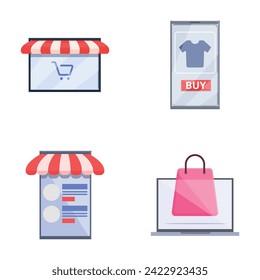 Online shopping icons set cartoon vector. Online store on website or mobile app. Digital marketing, internet commerce