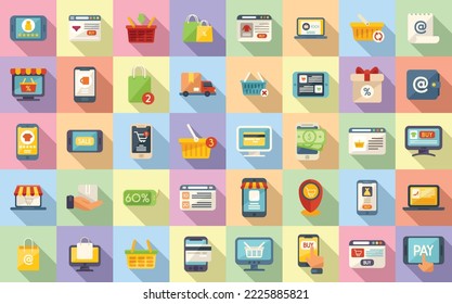 Online shopping icons set flat vector. Shop cart. Commerce basket