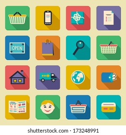 Online shopping icons set for guide catalog search and package delivery vector illustration