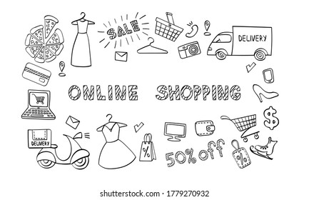 Online shopping icons set. Hand drawn e-commerce objects isolated on white background. Vector illustration.