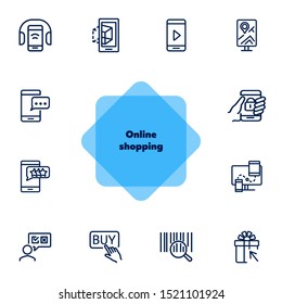 Online shopping icons. Set of line icons. Shop rating, mobile messenger, barcode. Mobile developing concept. Vector illustration can be used for topics like shopping, technology, mobile applications