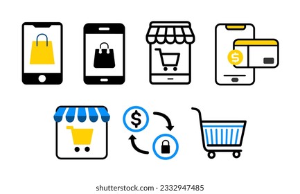 Online shopping icons set Mobile phone, shopping cart, credit card, e-commerce, smartphone, online store Vector illustration