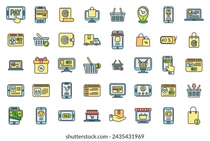 Online shopping icons set outline vector. Shop cart. Commerce basket color line isolated