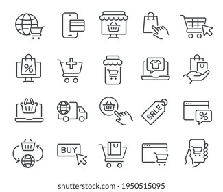 Online Shopping Icons Set. Such as Worldwide Shipping, Card Pay, Add To Cart, Online Store, Website or Mobile Applications, Shopping Items, Discounts and other. Editable vector stroke.