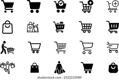 Online shopping icons set, trolley symbol outline style illustration vector design