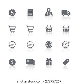 Online shopping icons set. Vector pictogram symbols with reflections. Set of shopping cart, basket and bag, delivery, sale, map and other