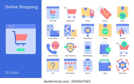 Online shopping icons set. Web icon related to e-commerce, shopping vector symbol. Flat online shopping icons.