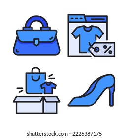 Online Shopping Icons Set = woman bag, ecommerce, card box, high heels. Perfect for website mobile app, app icons, presentation, illustration and any other projects.