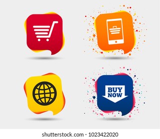 Online shopping icons. Smartphone, shopping cart, buy now arrow and internet signs. WWW globe symbol. Speech bubbles or chat symbols. Colored elements. Vector