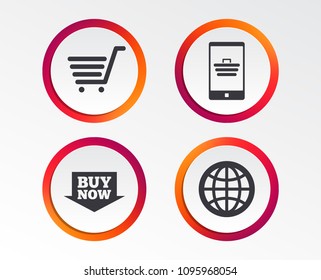 Online shopping icons. Smartphone, shopping cart, buy now arrow and internet signs. WWW globe symbol. Infographic design buttons. Circle templates. Vector