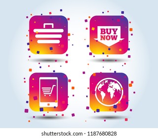 Online shopping icons. Smartphone, shopping cart, buy now arrow and internet signs. WWW globe symbol. Colour gradient square buttons. Flat design concept. Vector