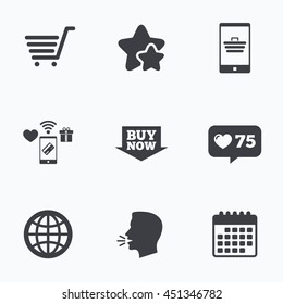 Online shopping icons. Smartphone, shopping cart, buy now arrow and internet signs. WWW globe symbol. Flat talking head, calendar icons. Stars, like counter icons. Vector