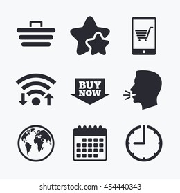 Online shopping icons. Smartphone, shopping cart, buy now arrow and internet signs. WWW globe symbol. Wifi internet, favorite stars, calendar and clock. Talking head. Vector