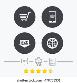 Online shopping icons. Smartphone, shopping cart, buy now arrow and internet signs. WWW globe symbol. Chat, award medal and report linear icons. Star vote ranking. Vector